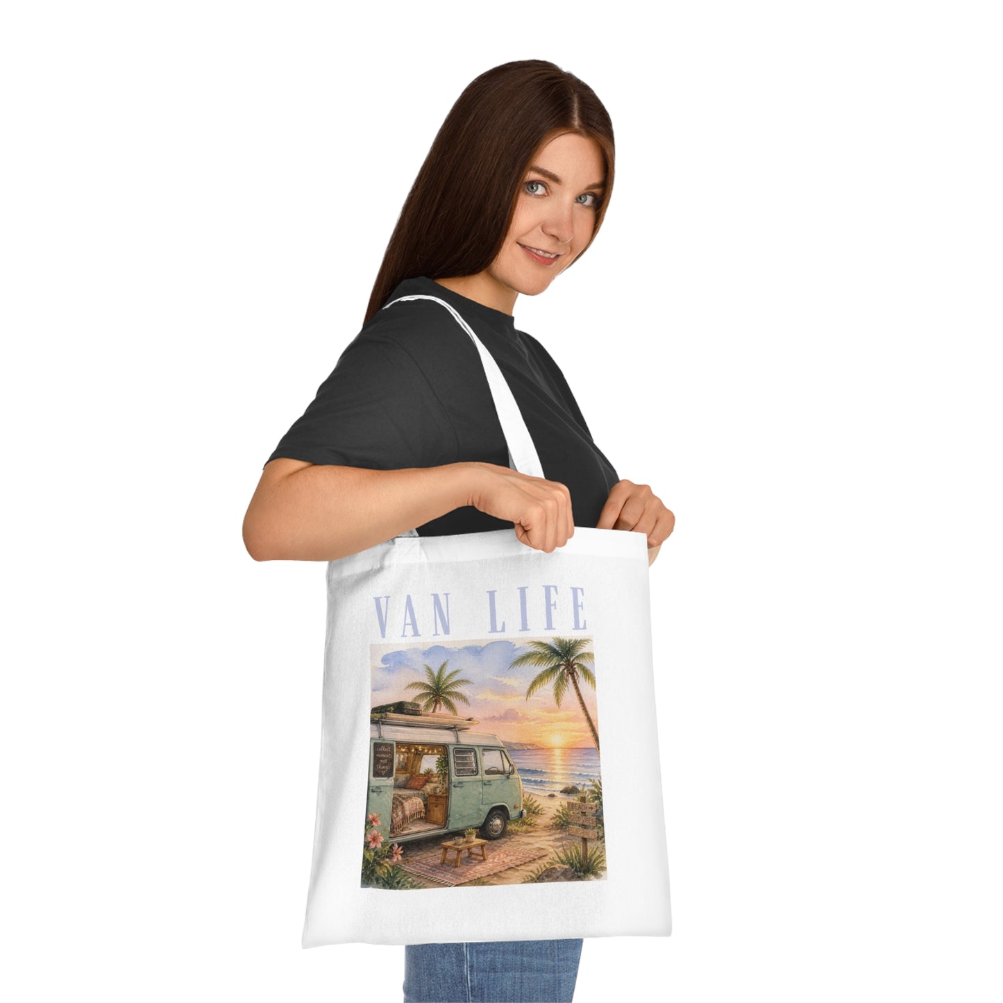 Van Life Beach Tote — Retro Camper Sunset Cotton Tote Bag