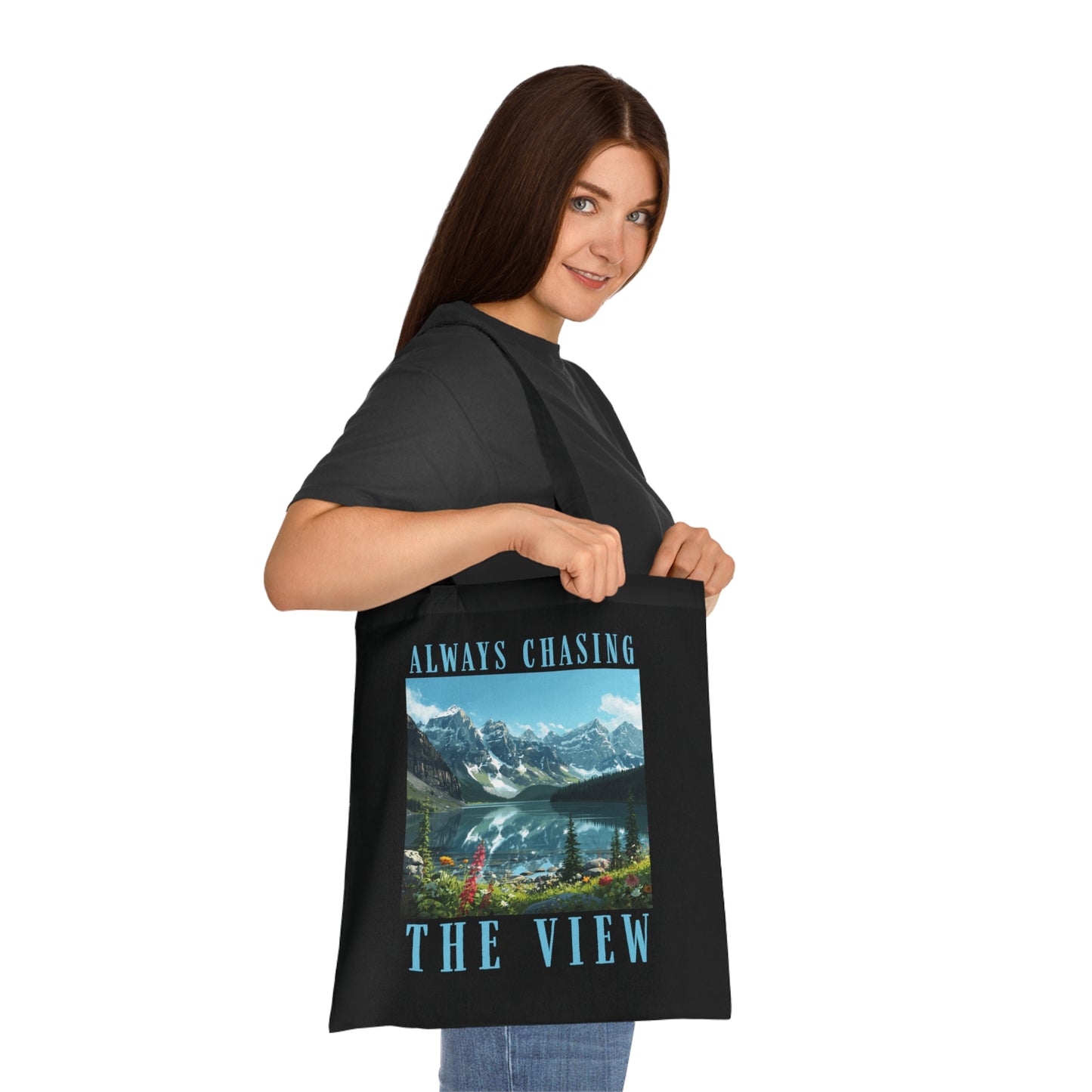 Always Chasing The View Cotton Tote — Scenic Mountain Lake Oeschinese Travel Tote