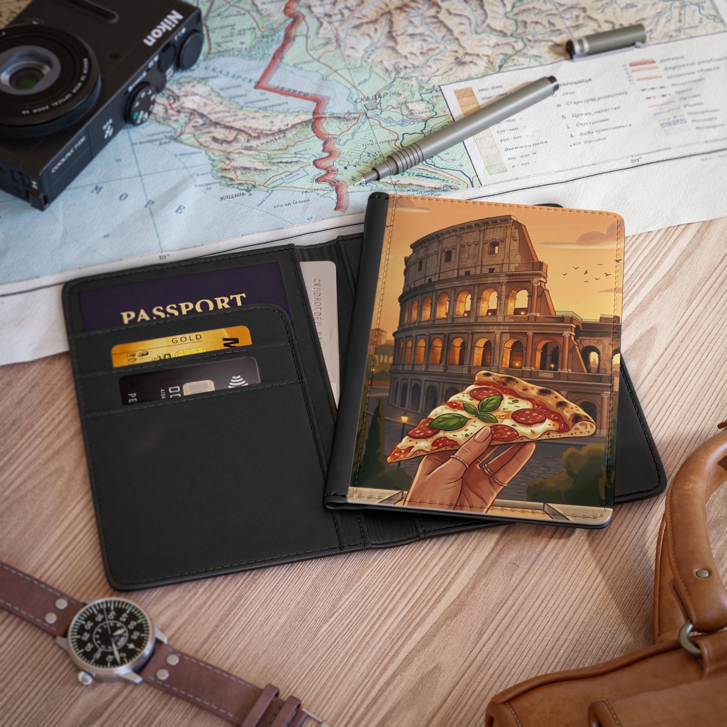Italy Travel Passport Cover – Colosseum & Pizza Design