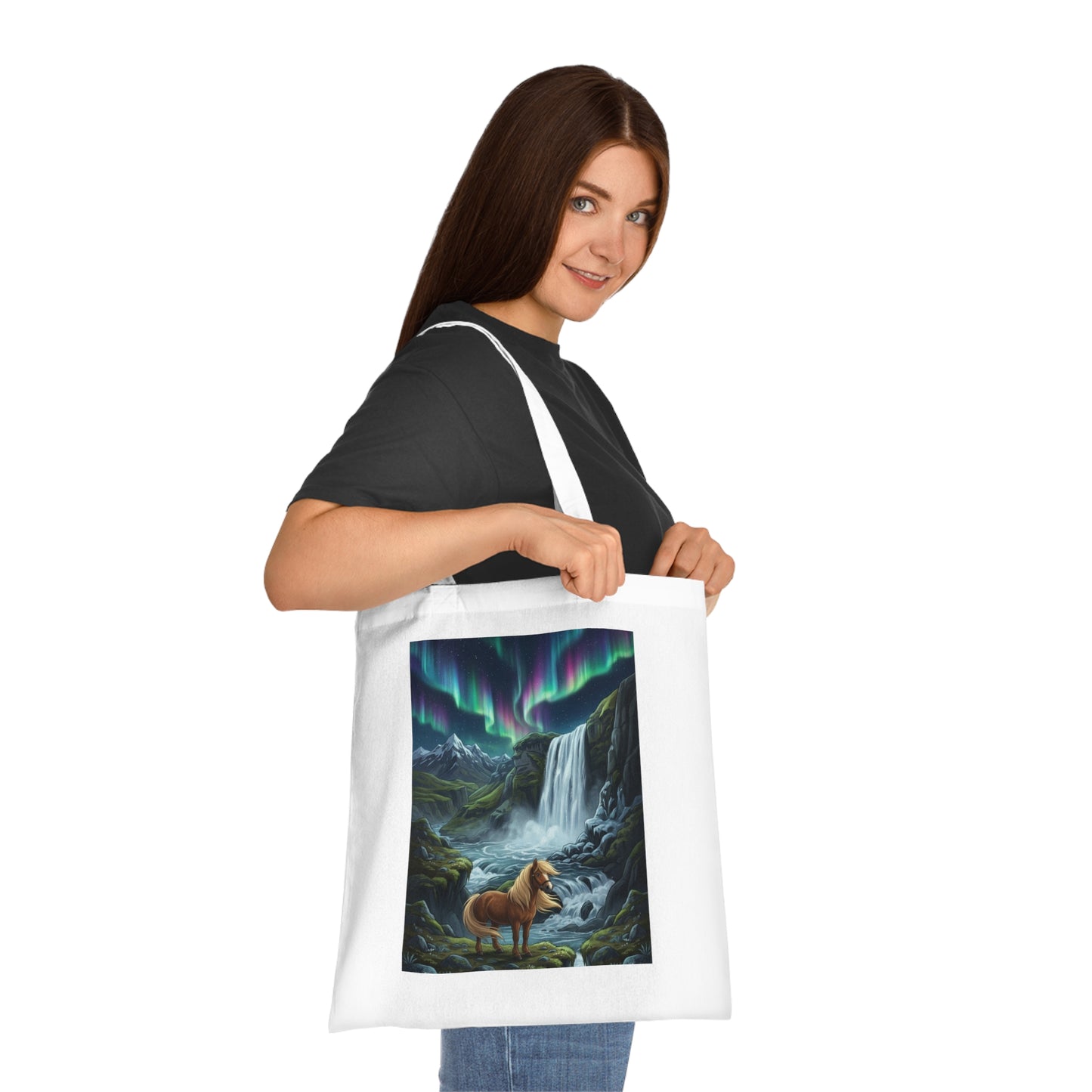 Aurora Falls Horse Cotton Tote — Scenic Northern Lights Waterfall Bag