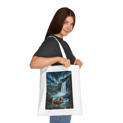 Aurora Falls Horse Cotton Tote — Scenic Northern Lights Waterfall Bag