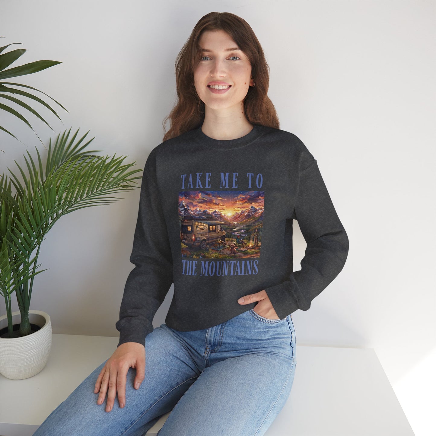 Take Me To The Mountains Sunset Crewneck Sweatshirt — Scenic Cabin Mountain Graphic