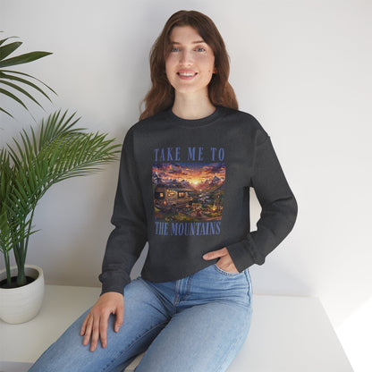 Take Me To The Mountains Sunset Crewneck Sweatshirt — Scenic Cabin Mountain Graphic