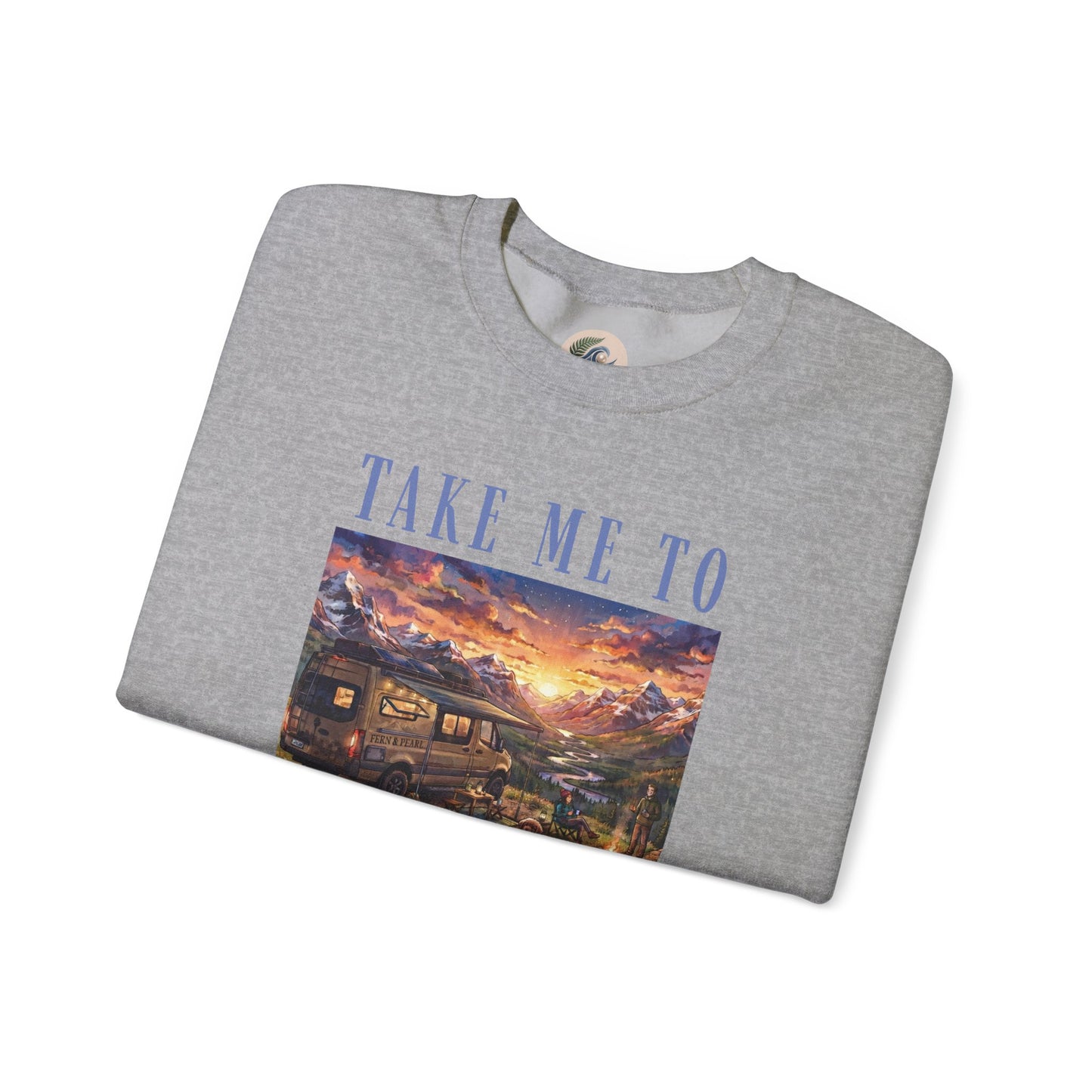Take Me To The Mountains Sunset Crewneck Sweatshirt — Scenic Cabin Mountain Graphic