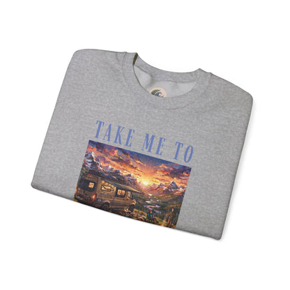 Take Me To The Mountains Sunset Crewneck Sweatshirt — Scenic Cabin Mountain Graphic