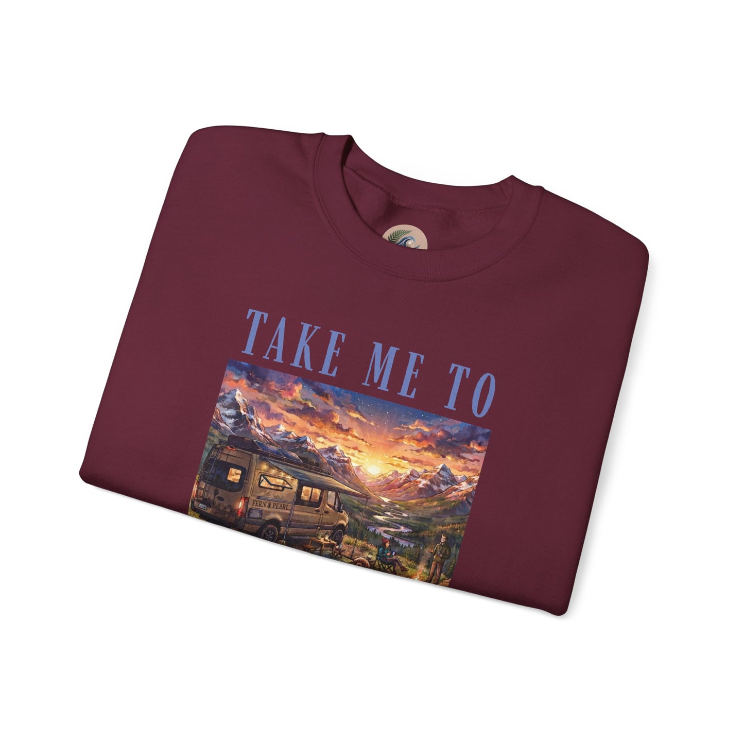 Take Me To The Mountains Sunset Crewneck Sweatshirt — Scenic Cabin Mountain Graphic
