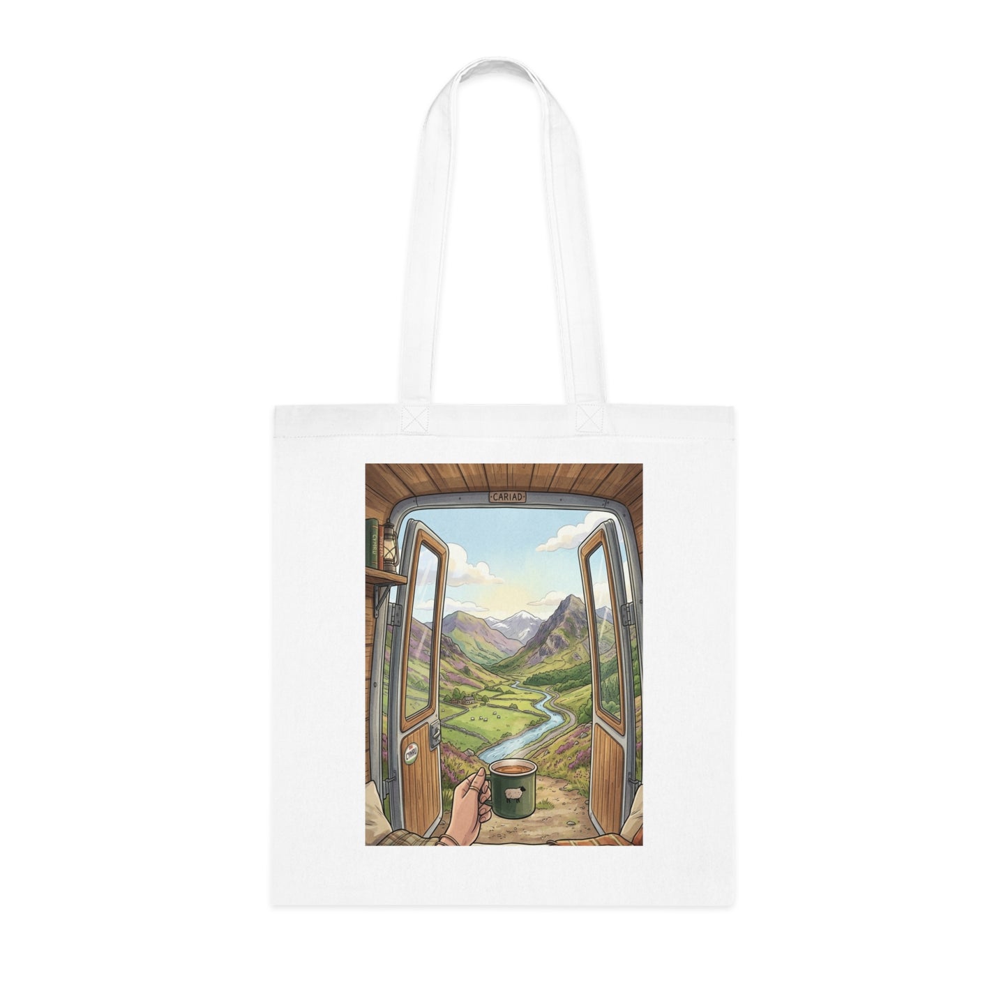 Scenic Van View Cotton Tote — 'Morning Brew' Camper Door Landscape Tote