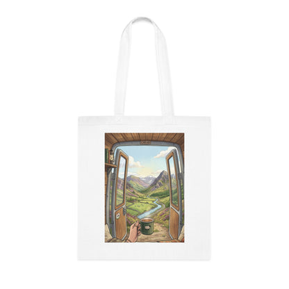 Scenic Van View Cotton Tote — 'Morning Brew' Camper Door Landscape Tote