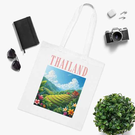 Thailand Scenic Tote Bag — Tropical Rice Terrace Travel Cotton Tote