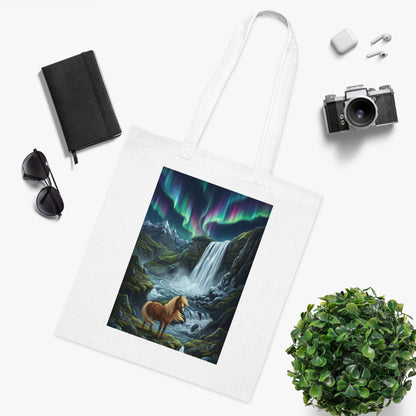 Aurora Falls Horse Cotton Tote — Scenic Northern Lights Waterfall Bag