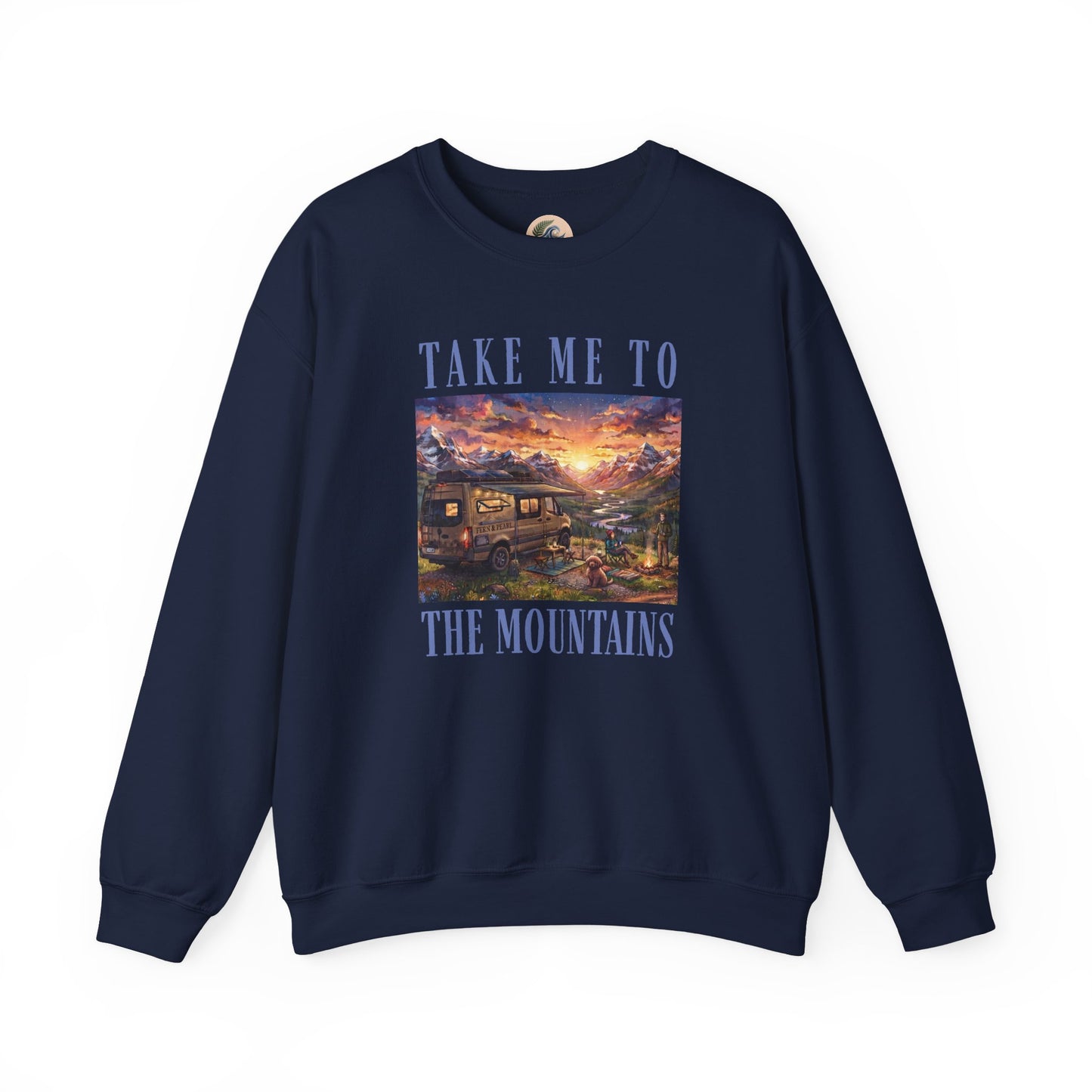 Take Me To The Mountains Sunset Crewneck Sweatshirt — Scenic Cabin Mountain Graphic