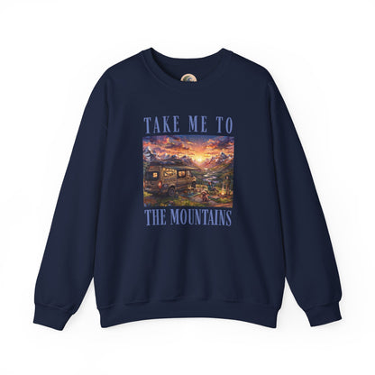 Take Me To The Mountains Sunset Crewneck Sweatshirt — Scenic Cabin Mountain Graphic