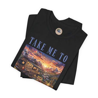 Take Me to the Mountains Sunset Tee — Scenic Cabin Sunset Graphic T-Shirt