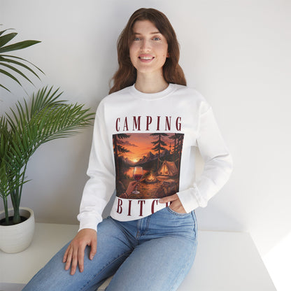 Camping Bitch Crewneck Sweatshirt — Vintage Campsite Graphic & Wine Glass