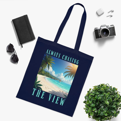 Railay Beach Tote Bag – "Always Chasing the View" Tropical Cotton Tote