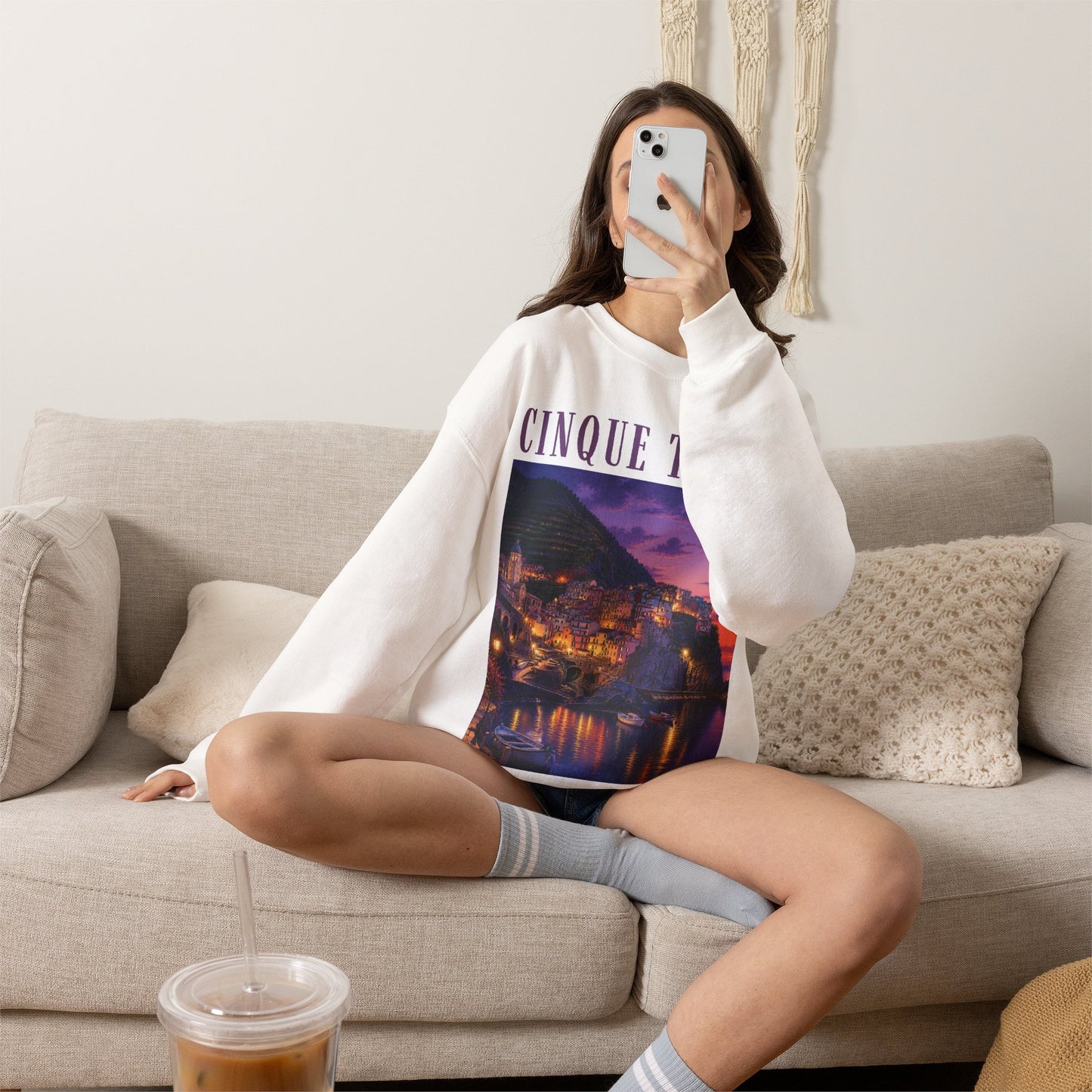 Cinque Terre Sunset Crewneck Sweatshirt – Italian Riviera Travel Graphic
