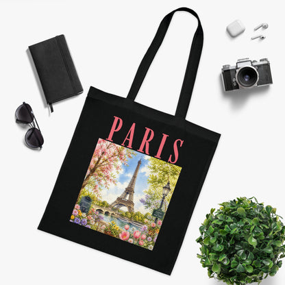 Paris Floral Tote Bag — Eiffel Tower Springtime Canvas Cotton Tote