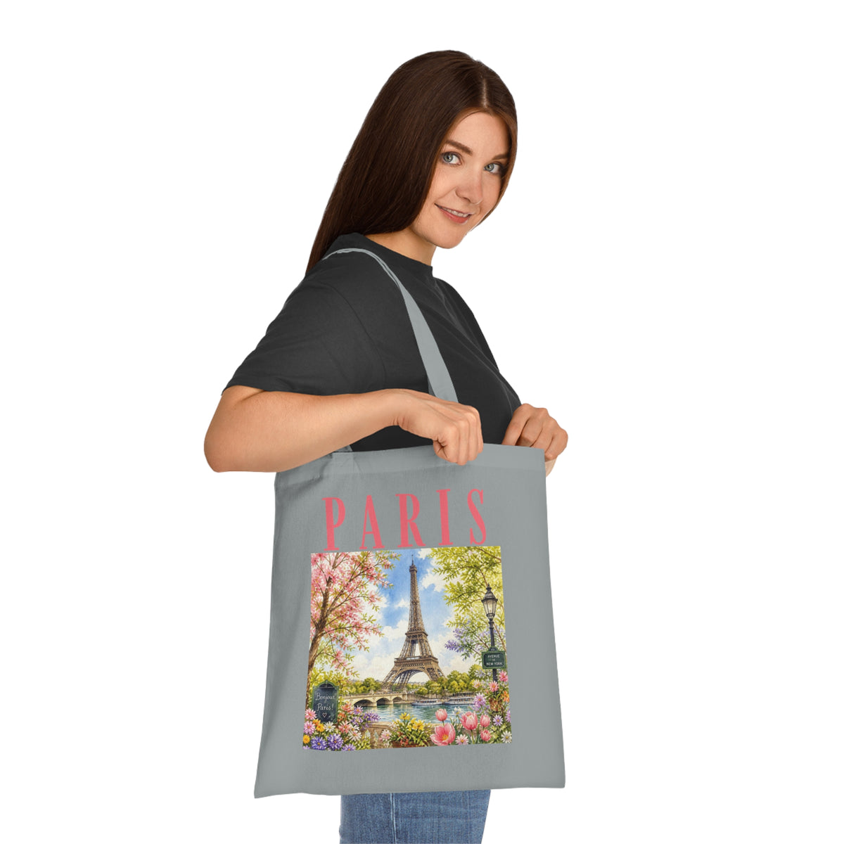 Paris Floral Tote Bag — Eiffel Tower Springtime Canvas Cotton Tote