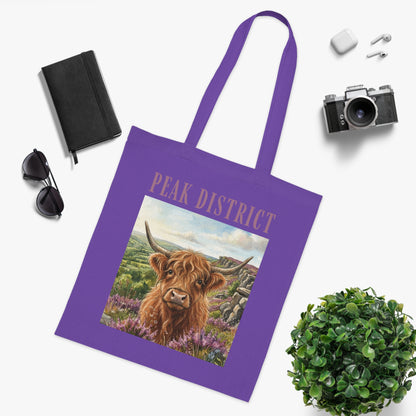 Peak District Highland Cow Tote Bag – Scenic Cotton Shopper with 'Peak District' Text