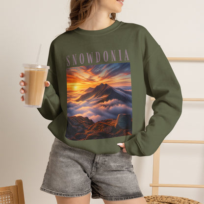Snowdonia Sunset Crewneck Sweatshirt — Scenic Mountain Graphic