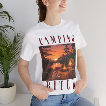 Camping Bitch Tee — Funny Outdoor Camping T-Shirt with Sunset Campfire Design