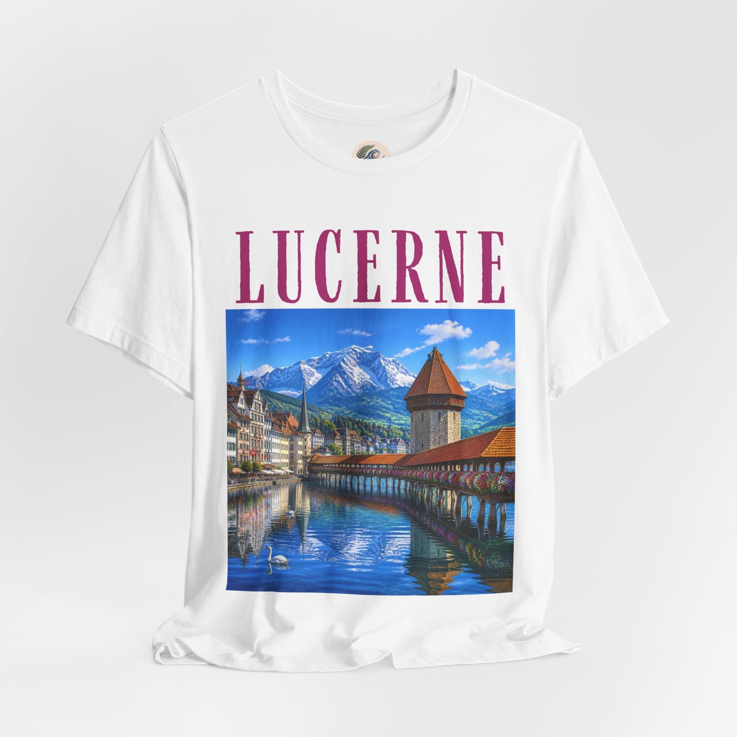 Lucerne Scenic Tee — Vintage Chapel Bridge Switzerland Travel T‑Shirt