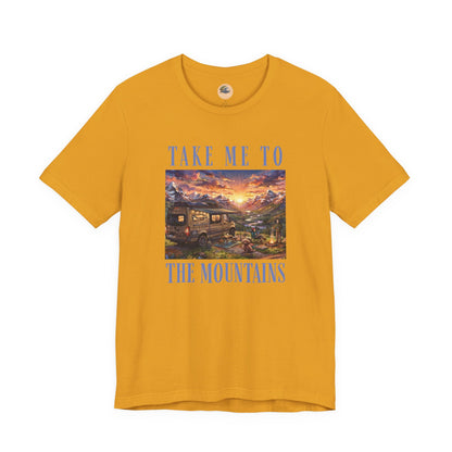 Take Me to the Mountains Sunset Tee — Scenic Cabin Sunset Graphic T-Shirt