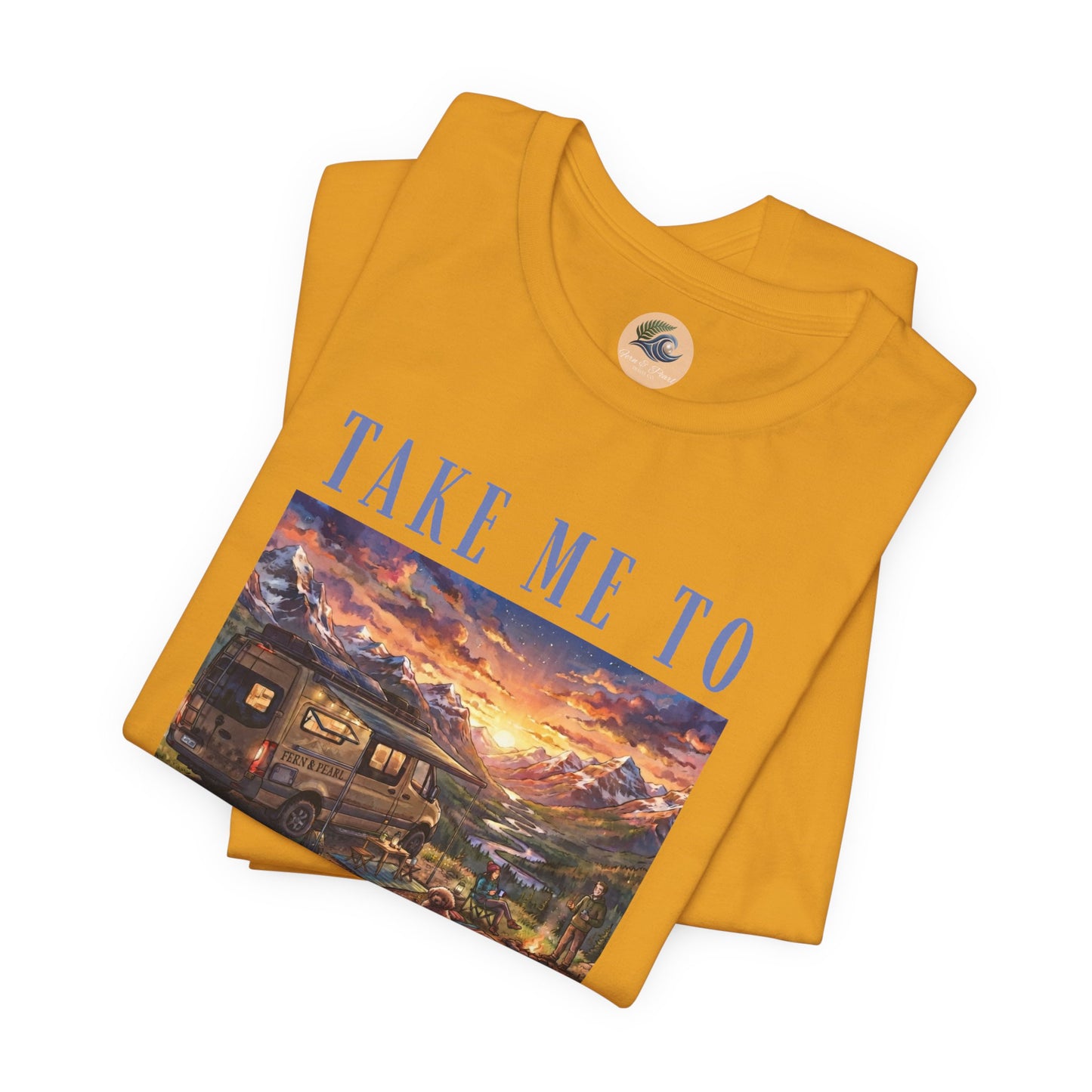 Take Me to the Mountains Sunset Tee — Scenic Cabin Sunset Graphic T-Shirt