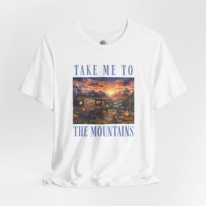 Take Me to the Mountains Sunset Tee — Scenic Cabin Sunset Graphic T-Shirt