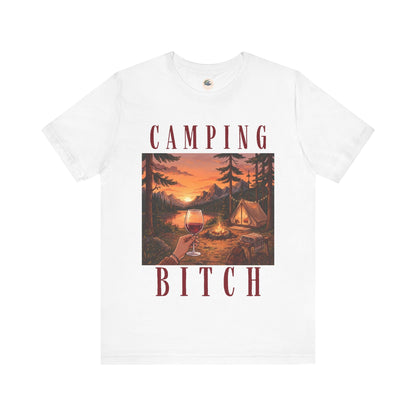 Camping Bitch Tee — Funny Outdoor Camping T-Shirt with Sunset Campfire Design
