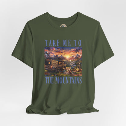 Take Me to the Mountains Sunset Tee — Scenic Cabin Sunset Graphic T-Shirt