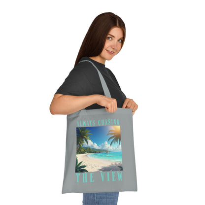 Railay Beach Tote Bag – "Always Chasing the View" Tropical Cotton Tote
