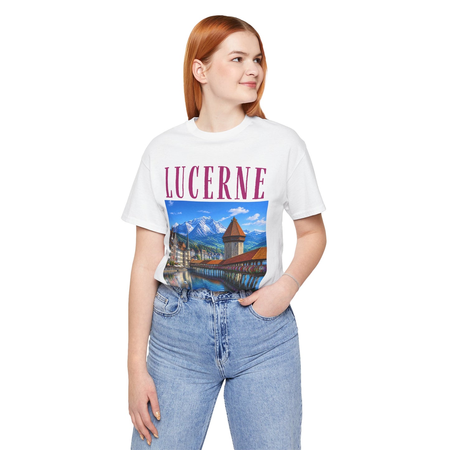 Lucerne Scenic Tee — Vintage Chapel Bridge Switzerland Travel T‑Shirt