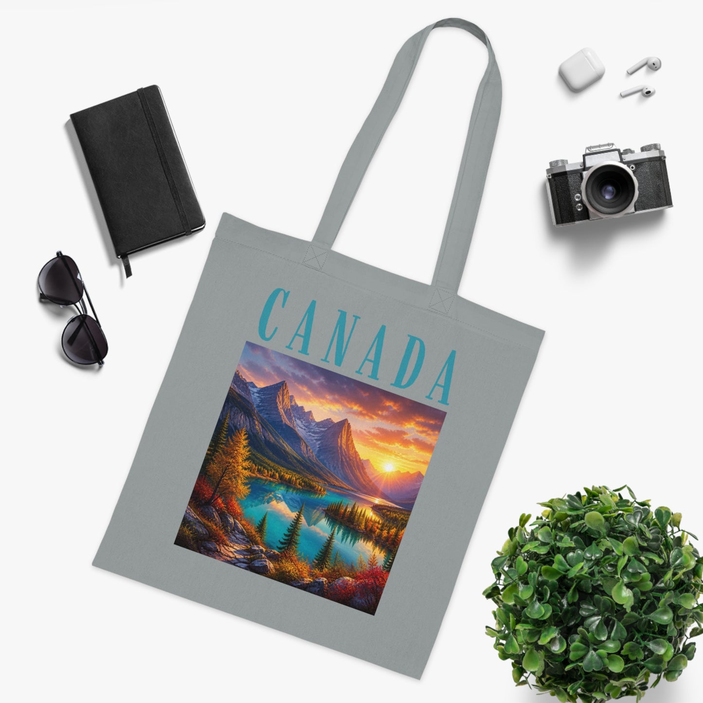 Canada Scenic Tote Bag — Mountain Lake Sunset Cotton Tote for Travel, Souvenir & Gift