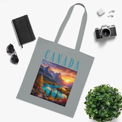 Canada Scenic Tote Bag — Mountain Lake Sunset Cotton Tote for Travel, Souvenir & Gift
