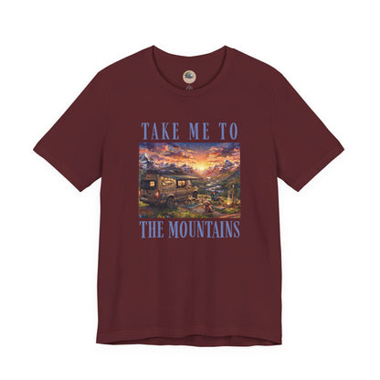 Take Me to the Mountains Sunset Tee — Scenic Cabin Sunset Graphic T-Shirt