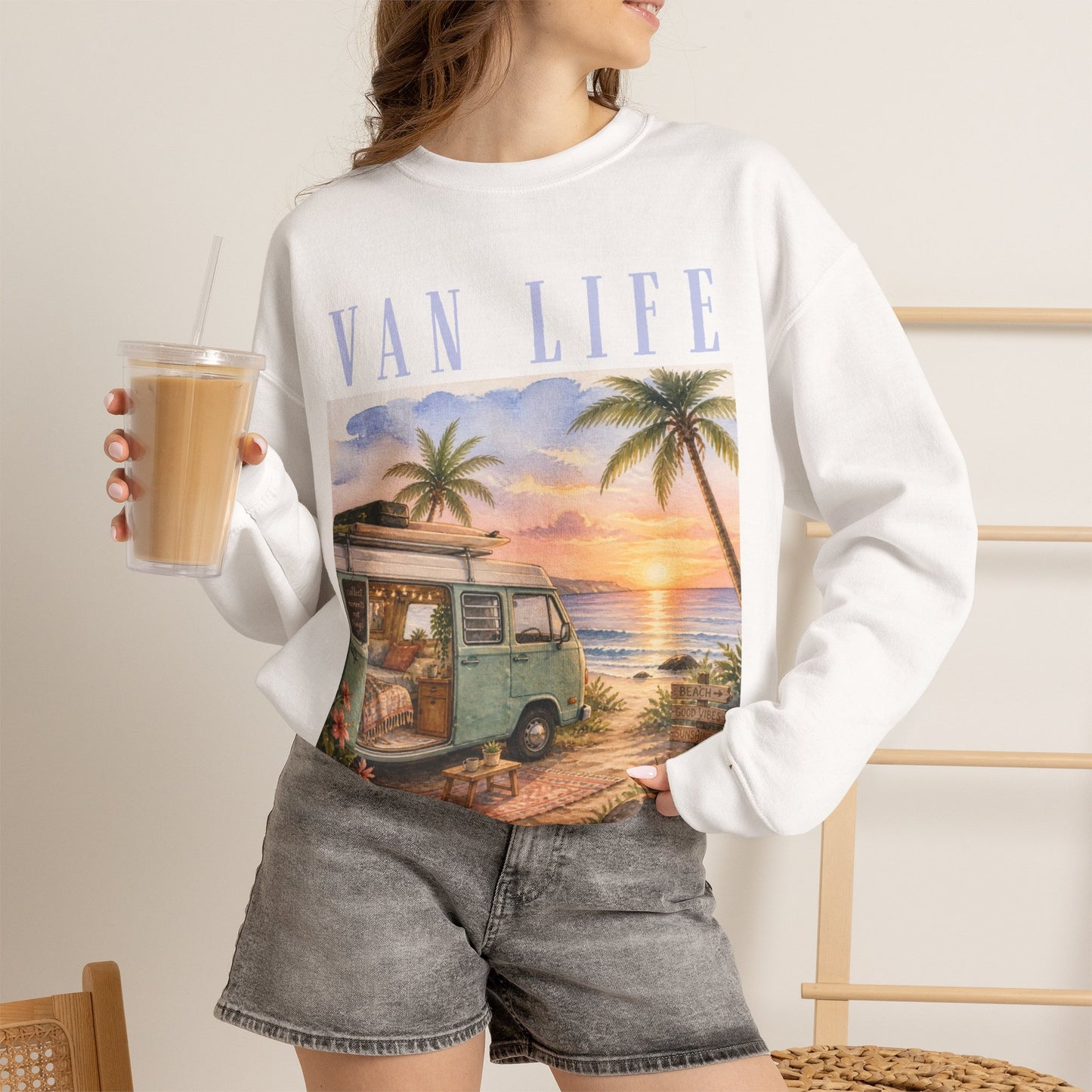 Van Life Crewneck Sweatshirt — Beach Sunset Van Graphic