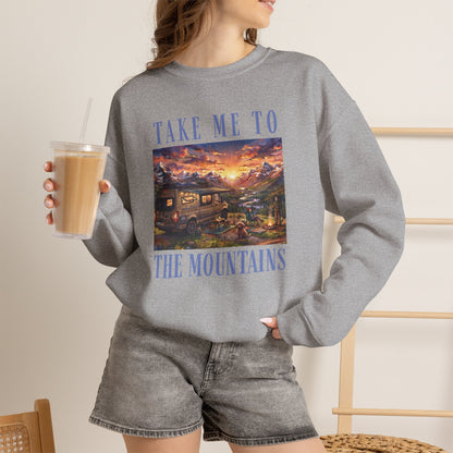 Take Me To The Mountains Sunset Crewneck Sweatshirt — Scenic Cabin Mountain Graphic