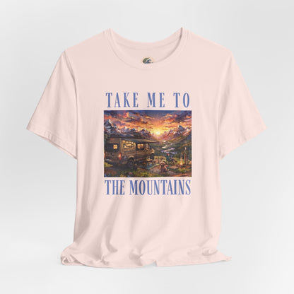 Take Me to the Mountains Sunset Tee — Scenic Cabin Sunset Graphic T-Shirt