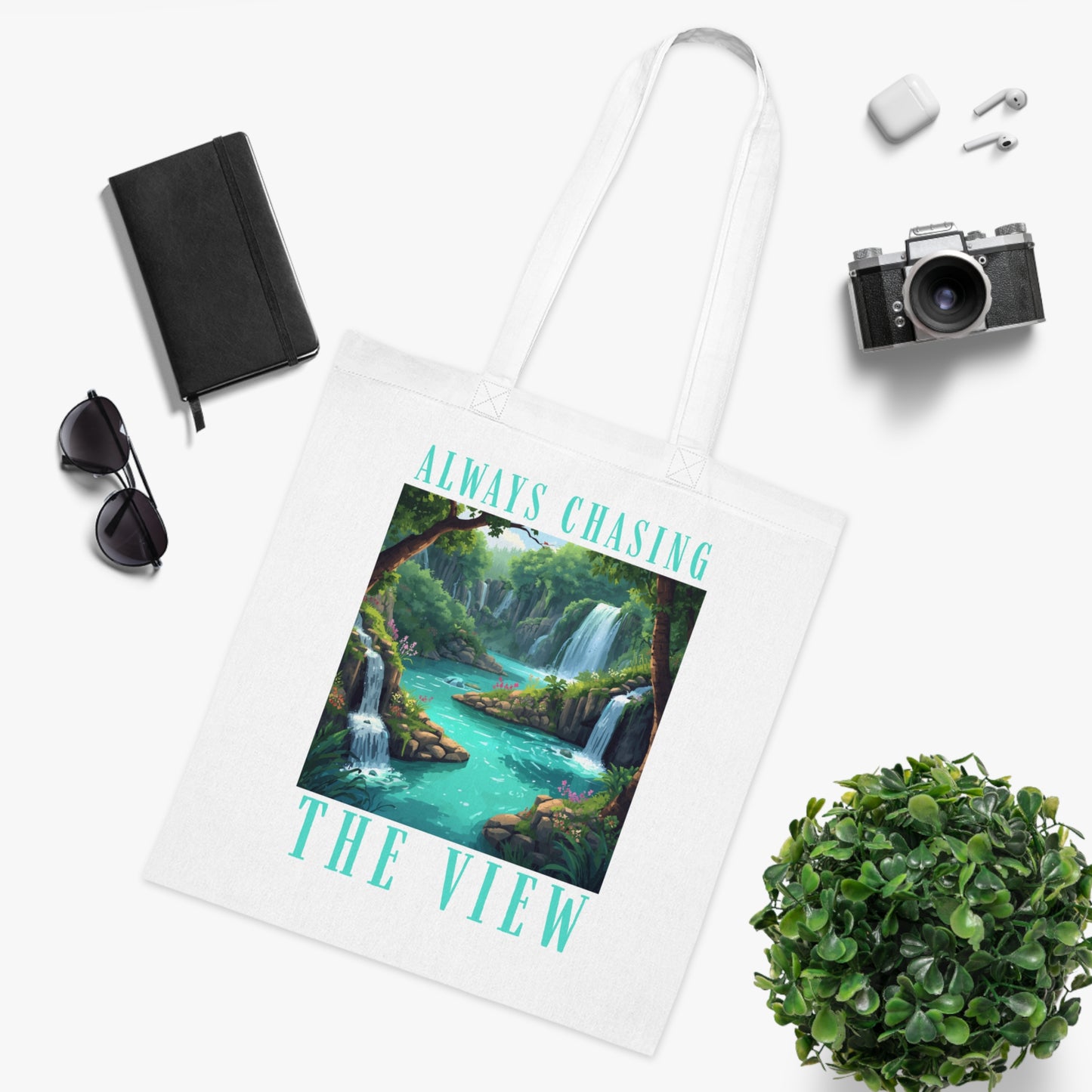 Always Chasing the View – Scenic Plitvice Waterfall Cotton Tote for Travelers & Nature Lovers