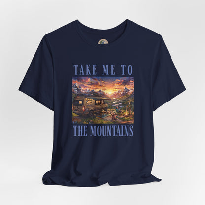 Take Me to the Mountains Sunset Tee — Scenic Cabin Sunset Graphic T-Shirt