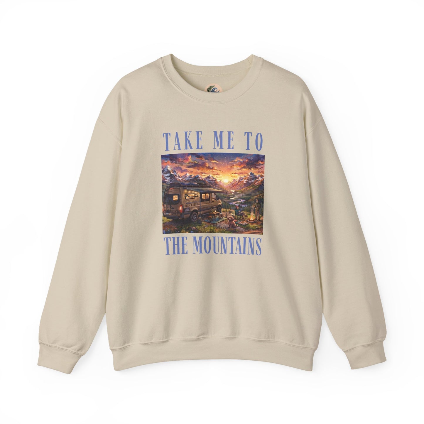 Take Me To The Mountains Sunset Crewneck Sweatshirt — Scenic Cabin Mountain Graphic