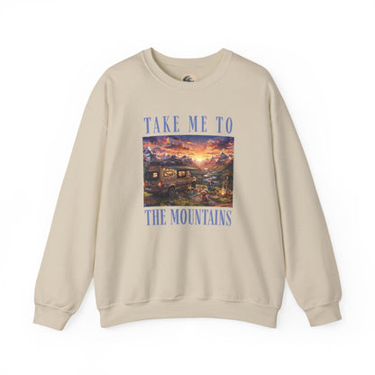 Take Me To The Mountains Sunset Crewneck Sweatshirt — Scenic Cabin Mountain Graphic