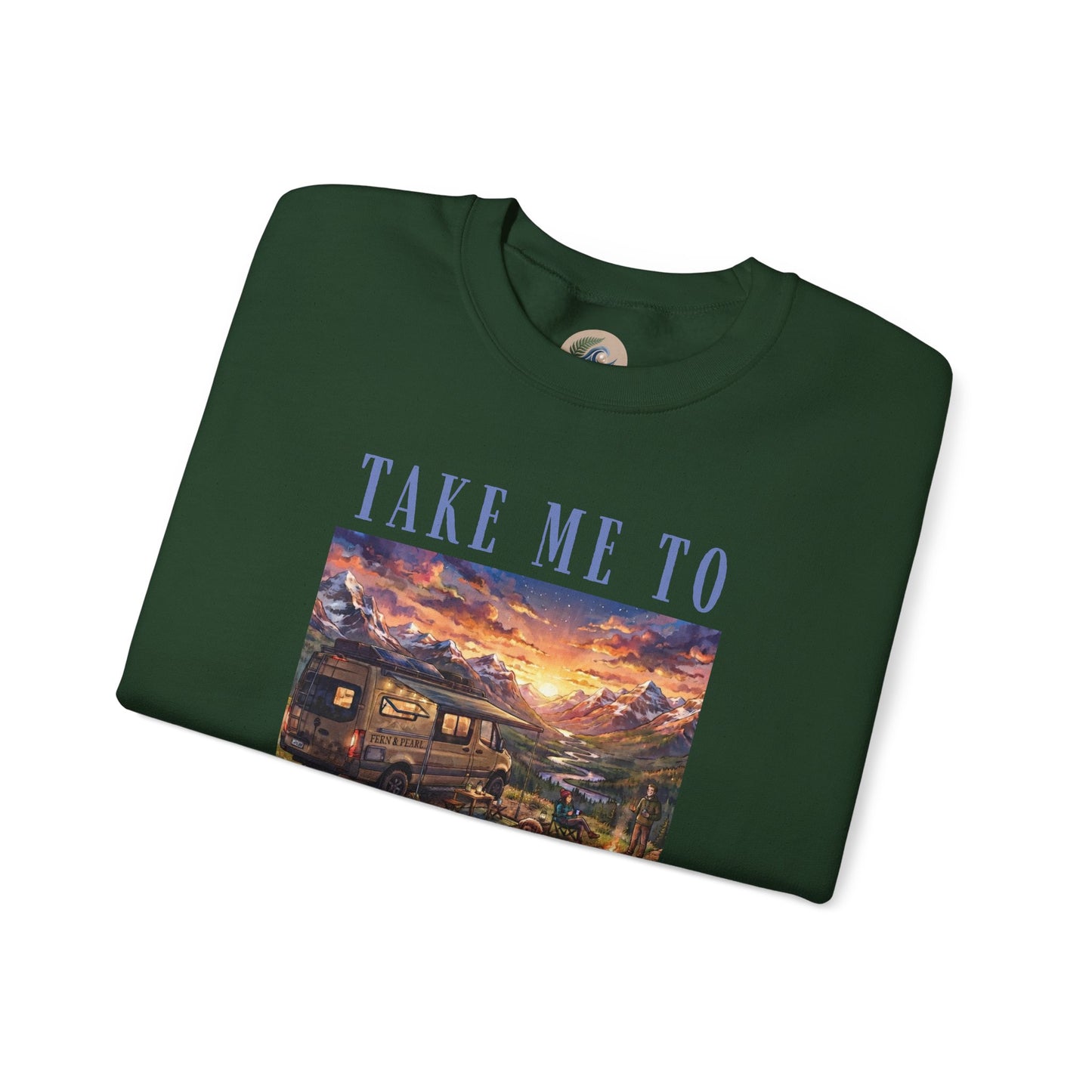 Take Me To The Mountains Sunset Crewneck Sweatshirt — Scenic Cabin Mountain Graphic