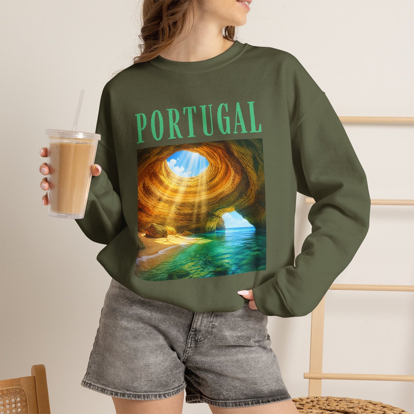 Portugal Benagil Cave Crewneck Sweatshirt — Coastal Travel Graphic Pullover