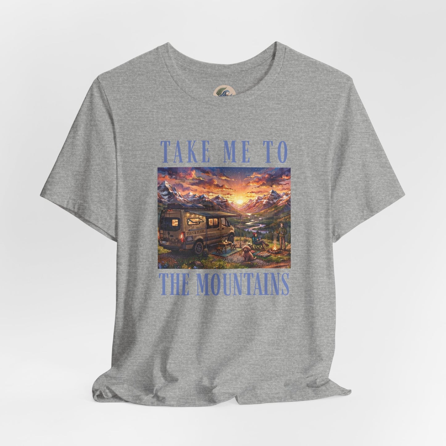 Take Me to the Mountains Sunset Tee — Scenic Cabin Sunset Graphic T-Shirt