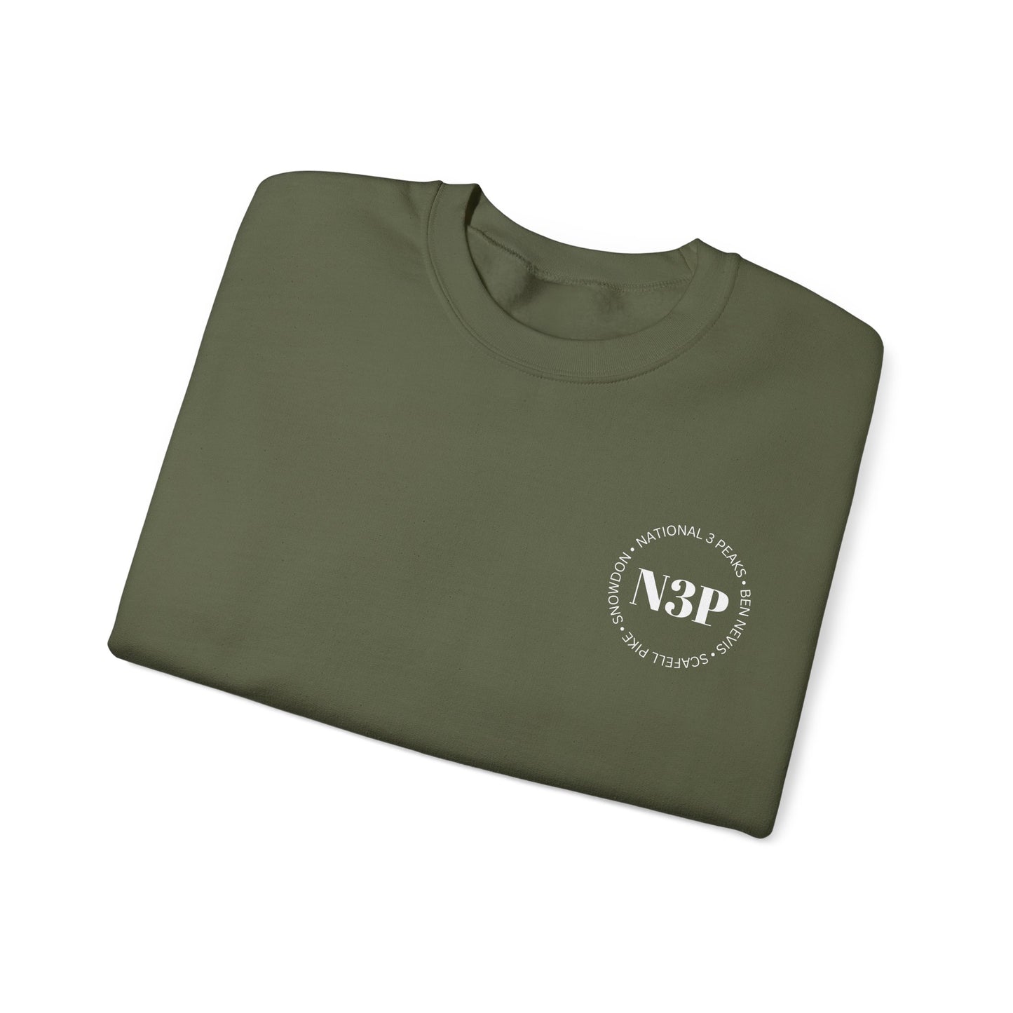 Minimal 'N3P' National 3 Peaks Logo Crewneck Sweatshirt – Small Chest Emblem, Casual Everyday Pullover