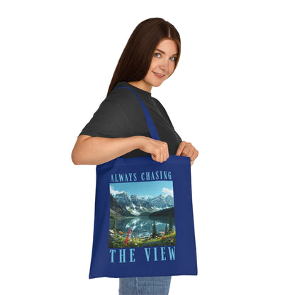 Always Chasing The View Cotton Tote — Scenic Mountain Lake Oeschinese Travel Tote