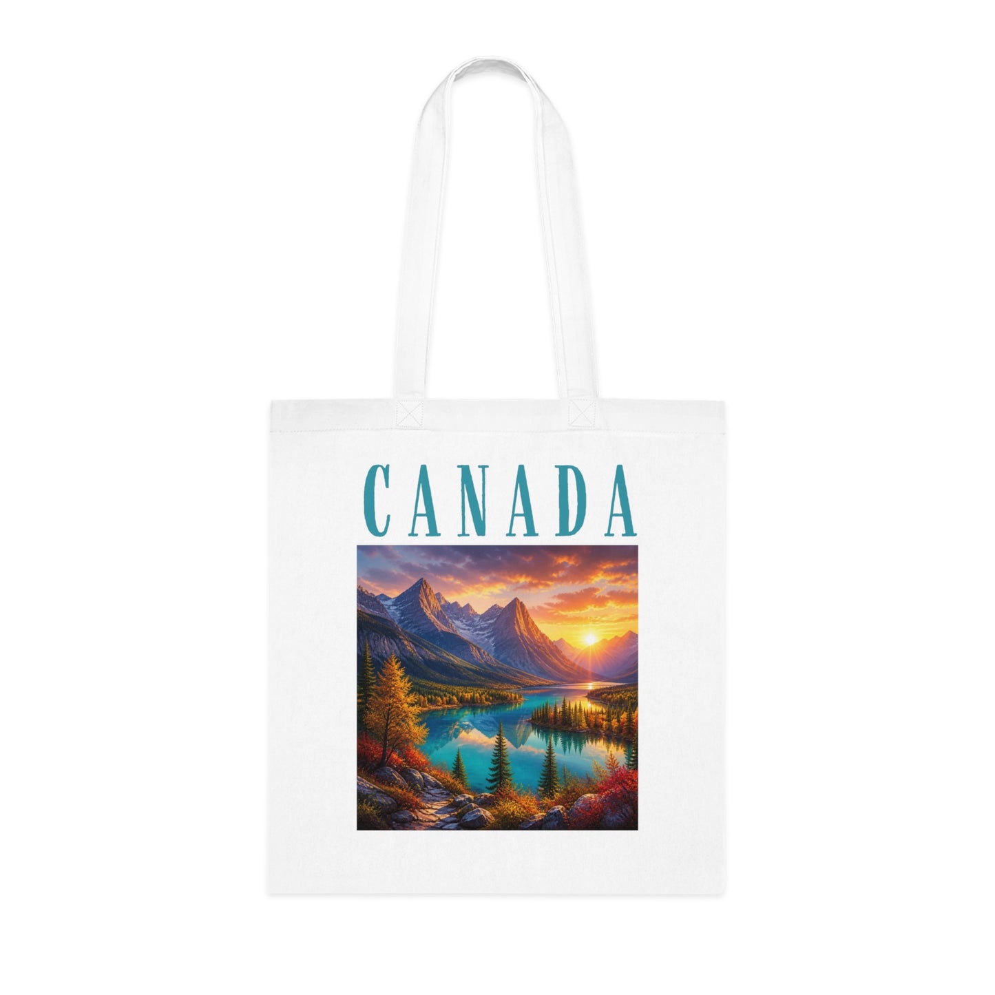 Canada Scenic Tote Bag — Mountain Lake Sunset Cotton Tote for Travel, Souvenir & Gift