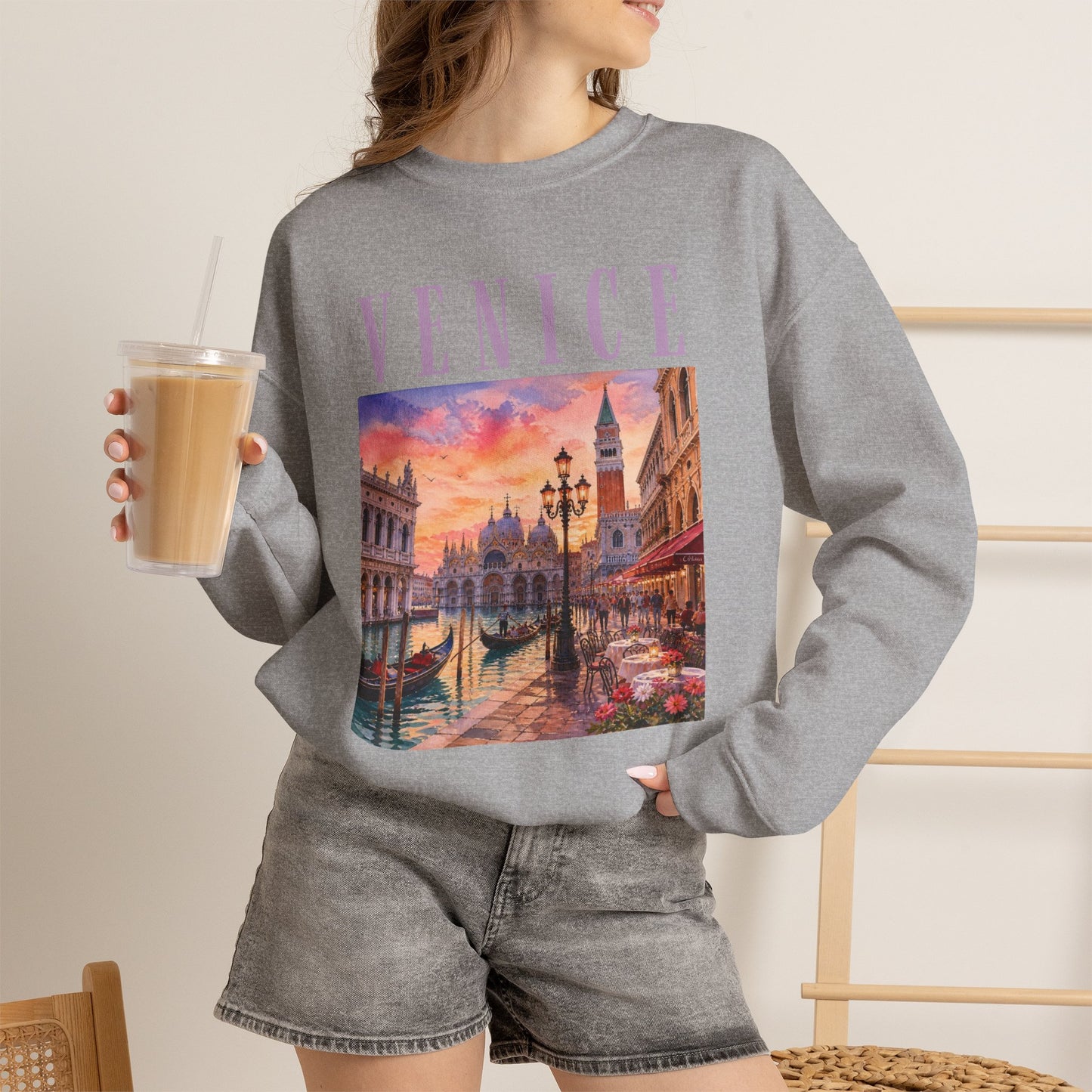Venice Sunset Crewneck Sweatshirt — Vintage Canal Travel Graphic